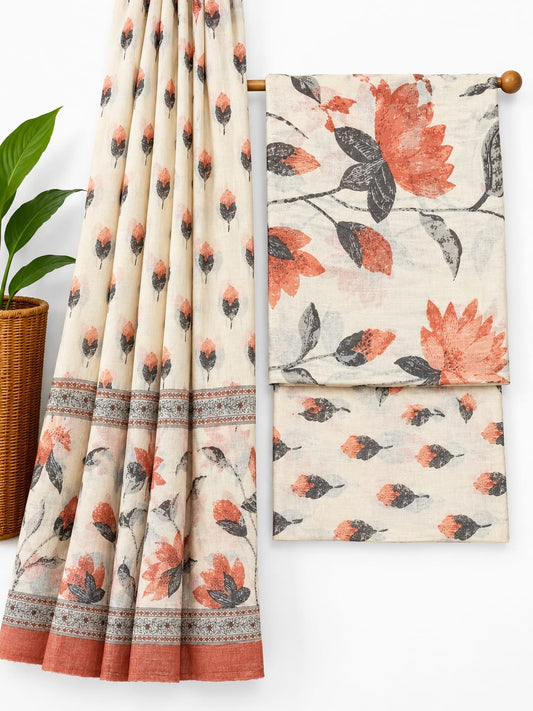 Off-White and Rust Orange Floral Booti cotton screen print salwar suit set with cotton dupatta