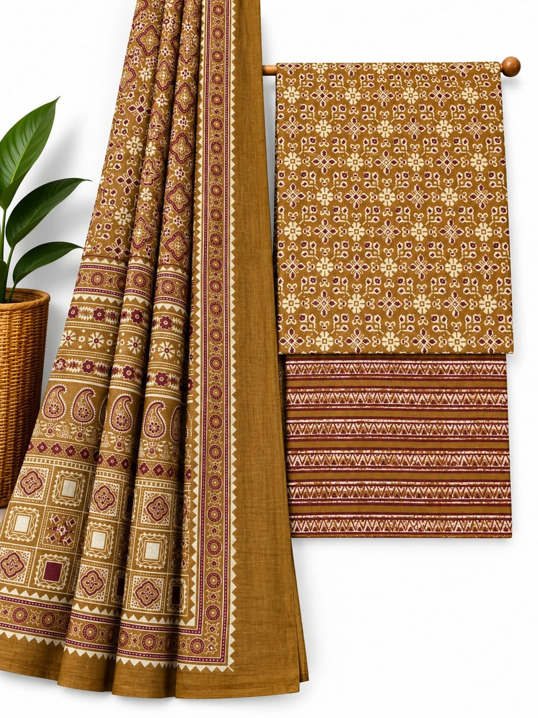 Mustard Yellow & Maroon Traditional Print cotton screen print salwar suit set with cotton dupatta