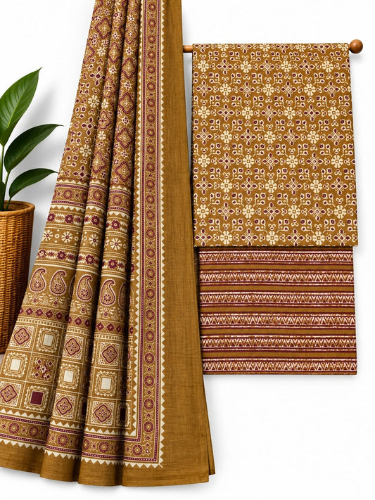 Mustard Yellow & Maroon Traditional Print cotton screen print salwar suit set with cotton dupatta