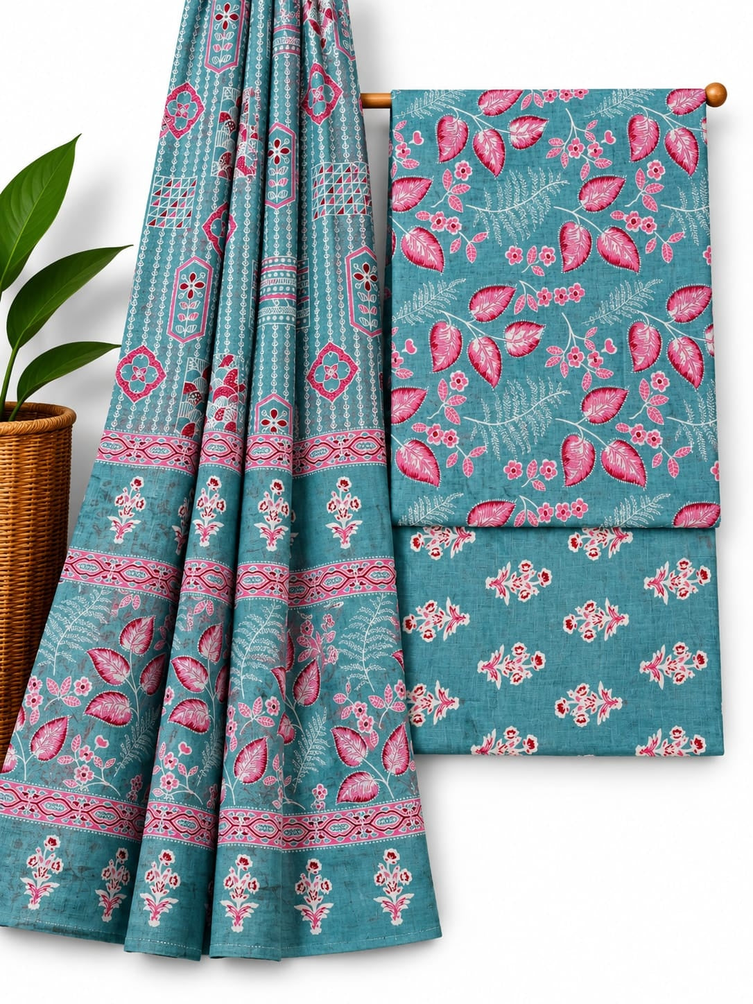 Teal Blue & Pink Leaf Print cotton screen print salwar suit set with cotton dupatta
