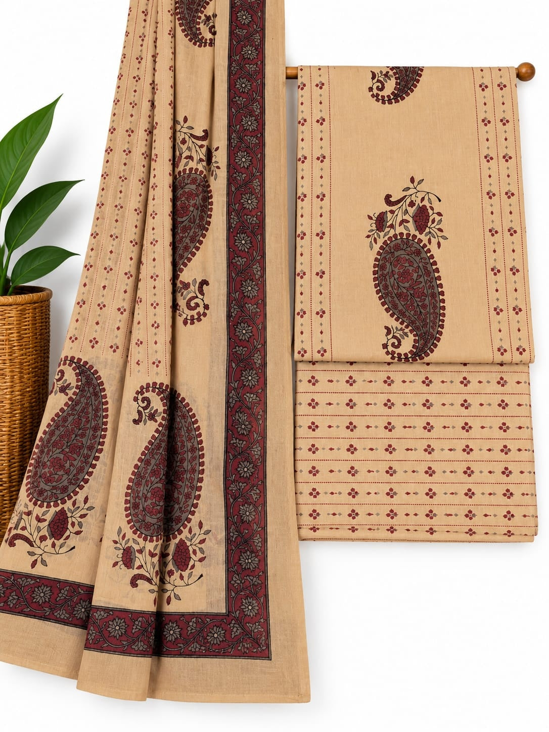 Beige & Maroon Paisley cotton screen print salwar suit set with cotton dupatta
