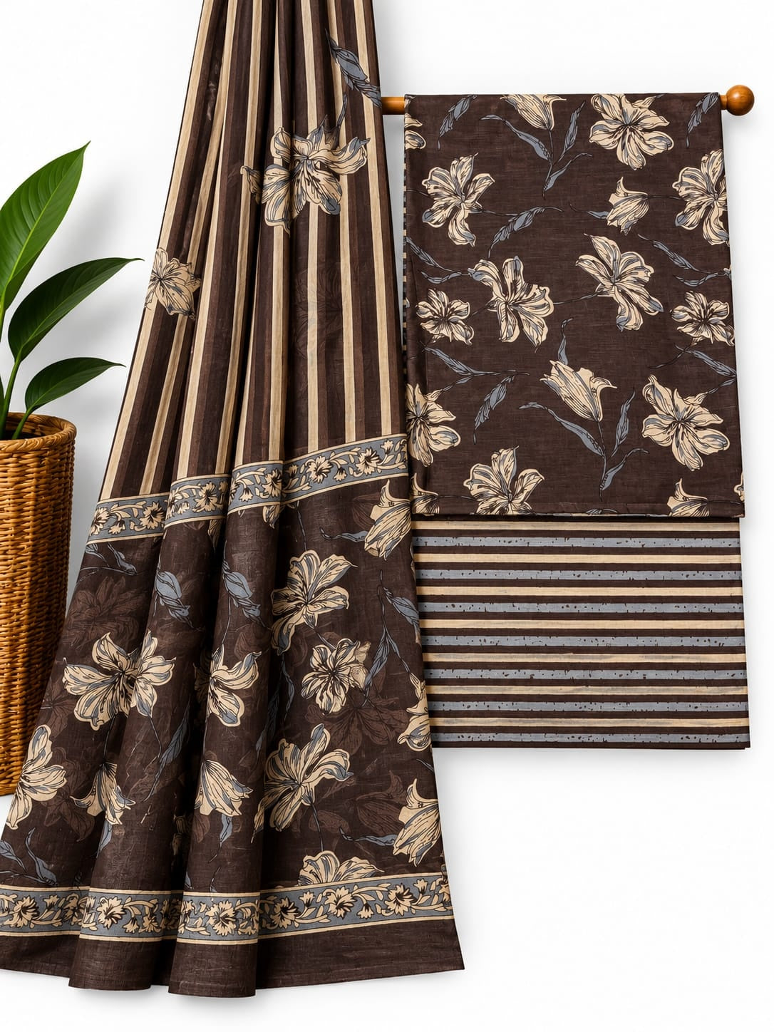 Brown & Off-White Floral Print cotton screen print salwar suit set with cotton dupatta