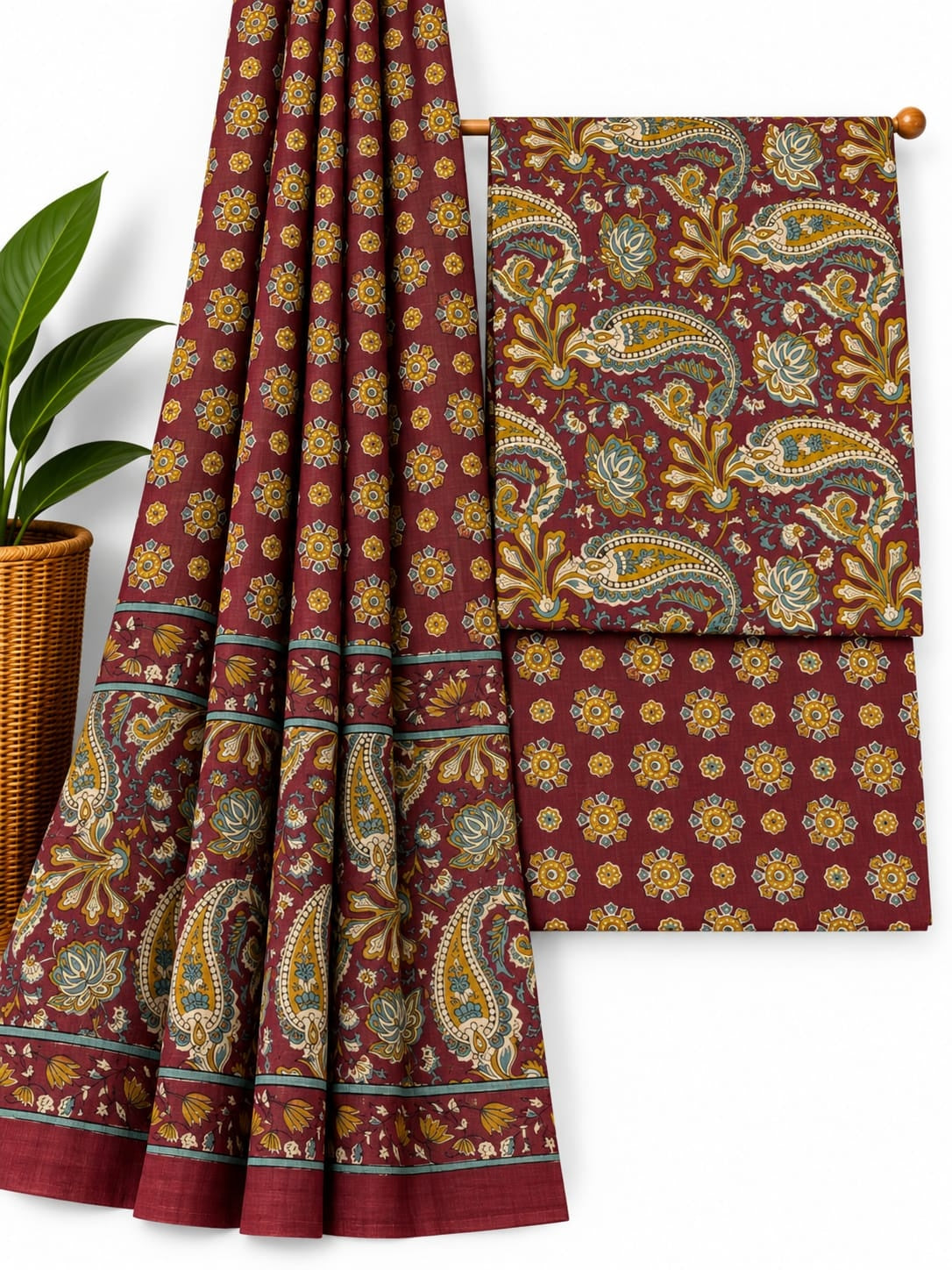 Maroon & Mustard Yellow Paisley & Floral Booti cotton screen print salwar suit set with cotton dupatta