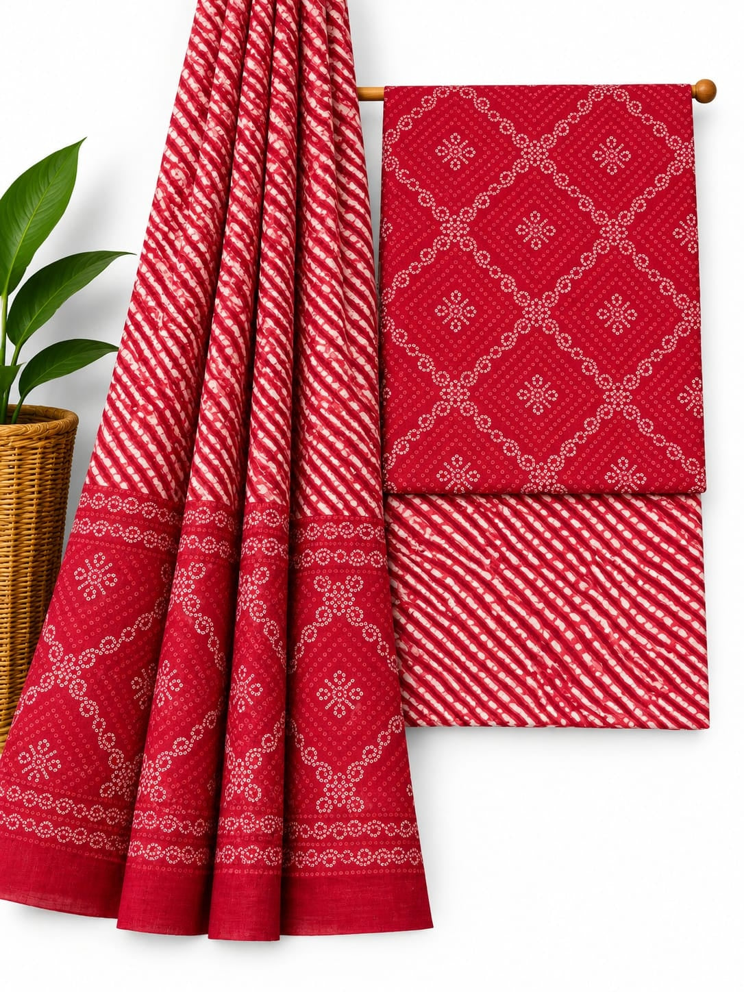 Red & White Bandhani Print cotton screen print salwar suit set with cotton dupatta