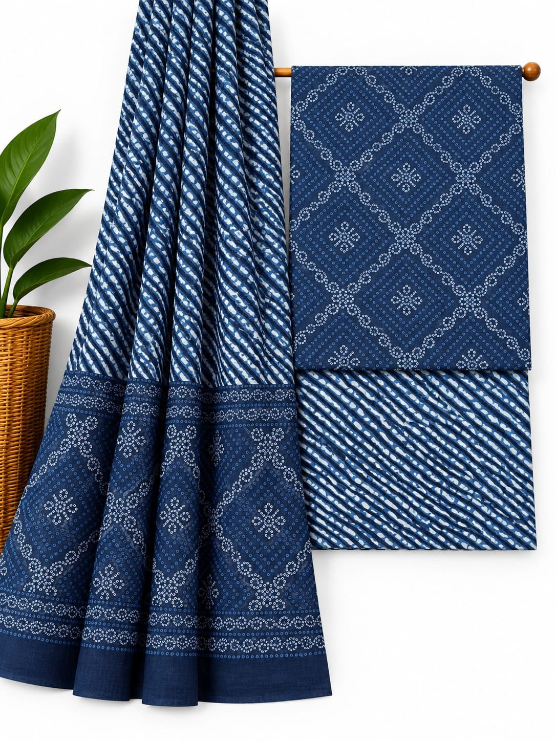 Indigo Blue & White Traditional Print cotton screen print salwar suit set with cotton dupatta