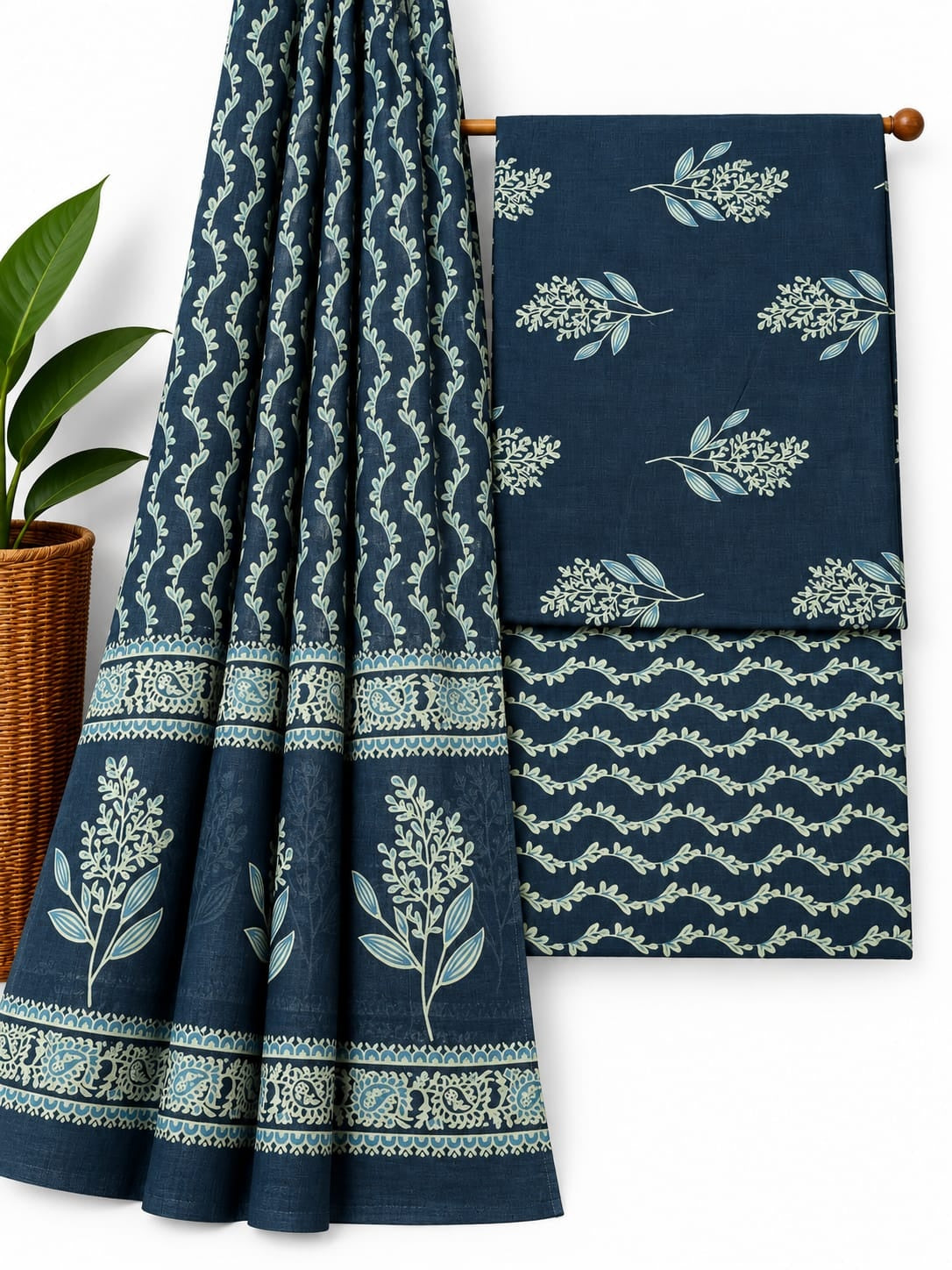 Indigo Blue Leaf Print cotton screen print salwar suit set with cotton dupatta