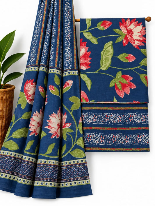Indigo Blue & Red Floral Jaal cotton screen print salwar suit set with cotton dupatta