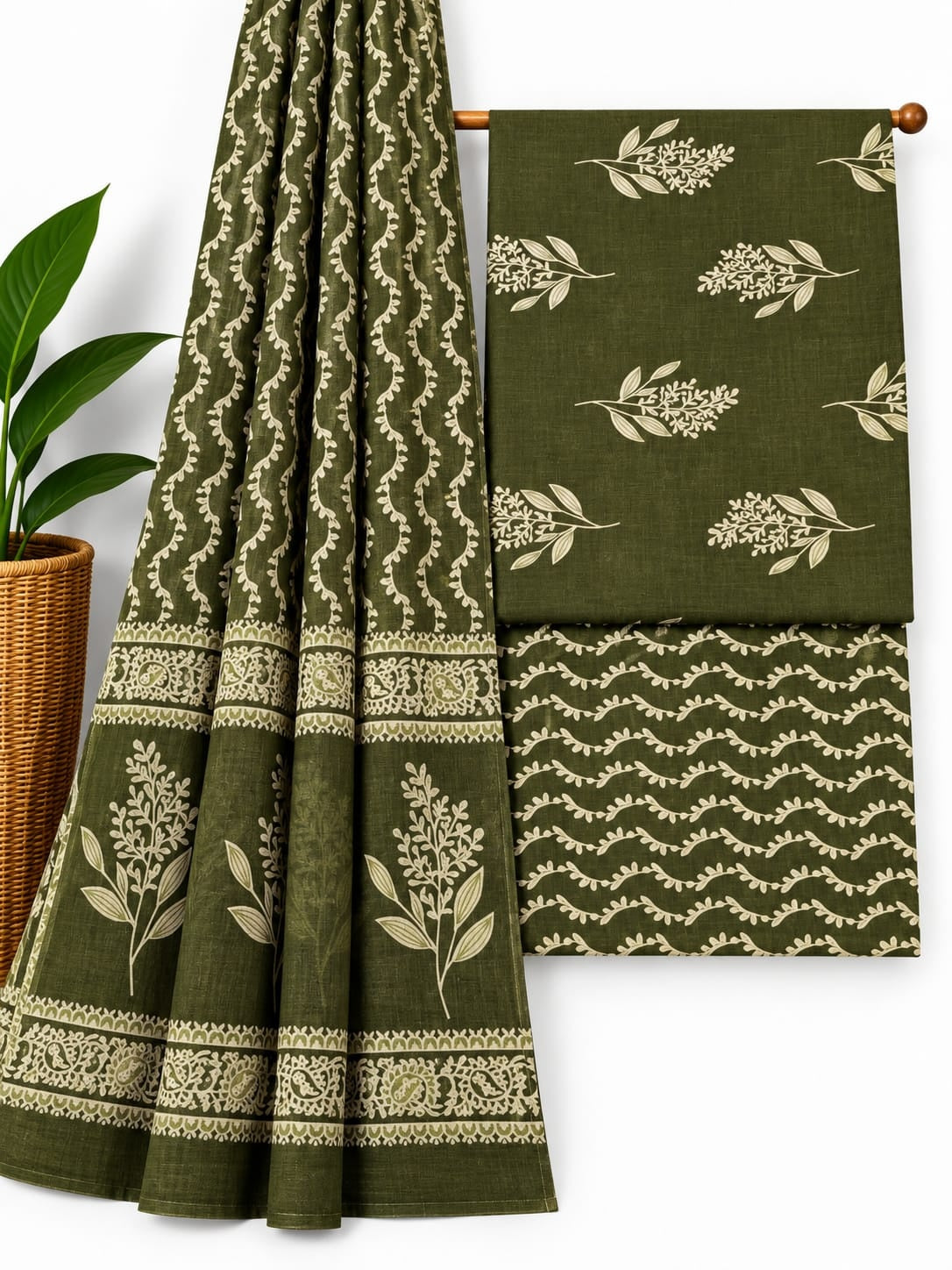 Olive Green Leaf Print cotton screen print salwar suit set with cotton dupatta