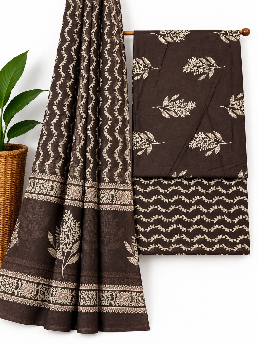 Dark Brown & Off-White Leaf Print cotton screen print salwar suit set with cotton dupatta