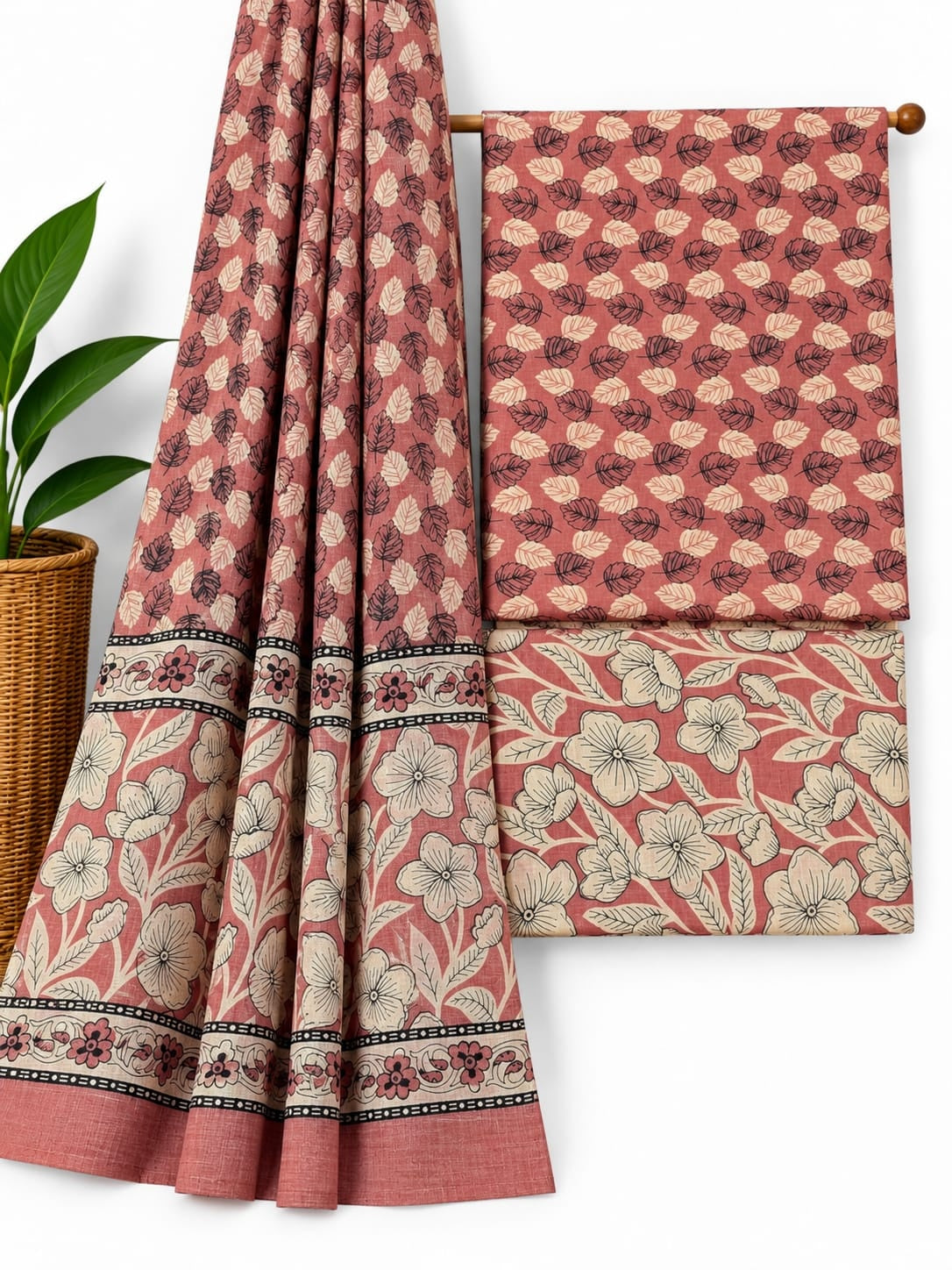 Dusty Rose & Beige Leaf Print cotton screen print salwar suit set with cotton dupatta