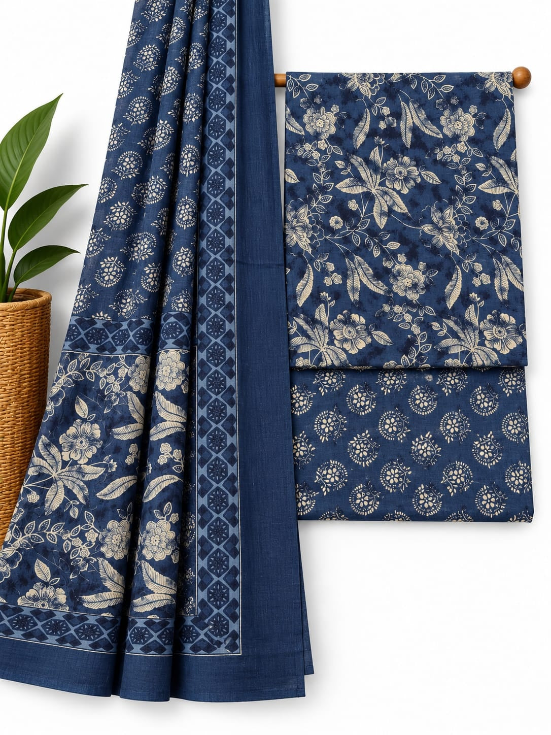 Indigo Blue & Off-White Floral Jaal cotton screen print salwar suit set with cotton dupatta