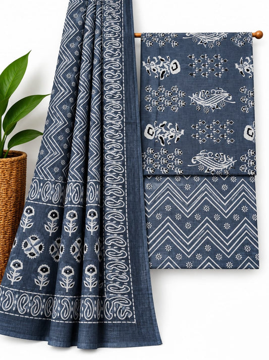 Indigo Blue & White Traditional Print cotton screen print salwar suit set with cotton dupatta