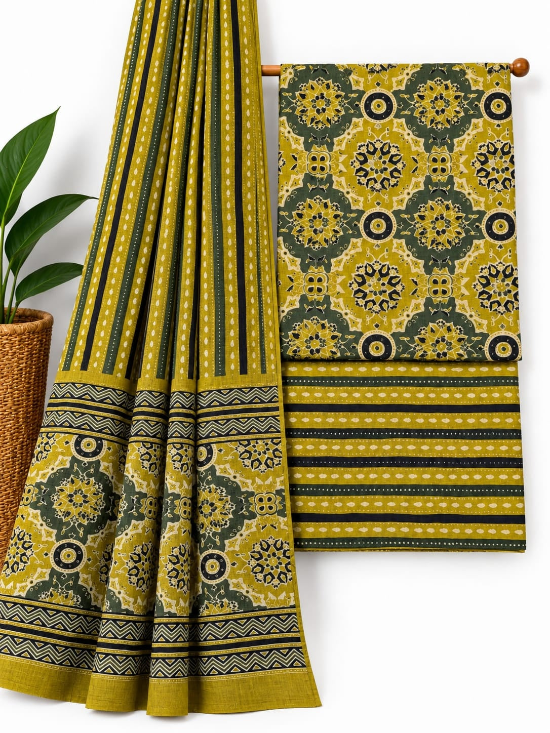 Olive Green & Black Traditional Print cotton screen print salwar suit set with cotton dupatta