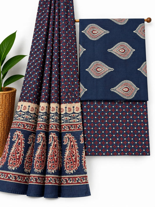 Indigo Blue And Maroon Paisley cotton screen print salwar suit set with cotton dupatta