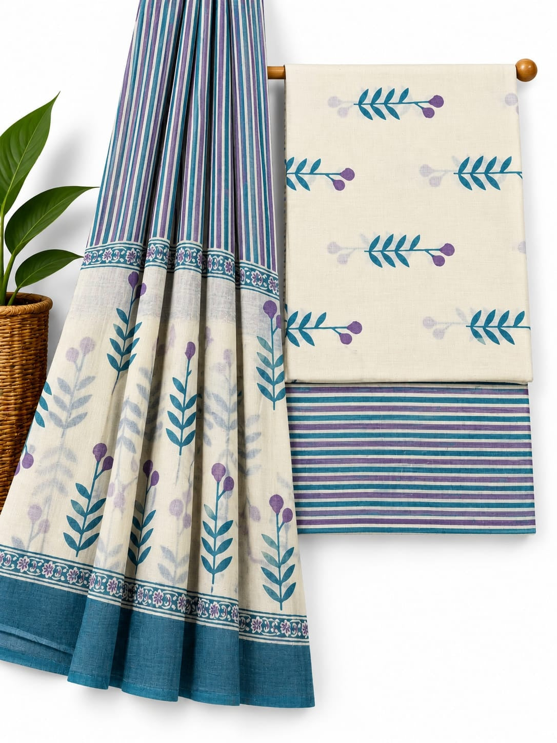 Purple, Teal & Off-White Leaf Print cotton screen print salwar suit set with cotton dupatta