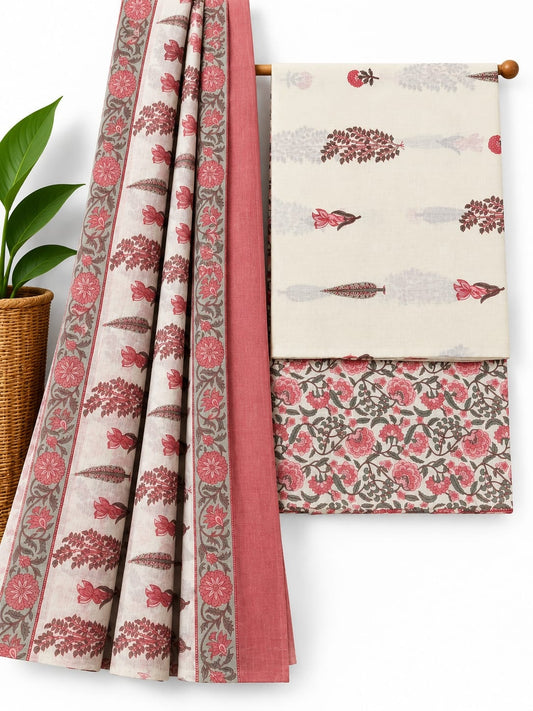 Pink & Off-White Floral Booti cotton screen print salwar suit set with cotton dupatta