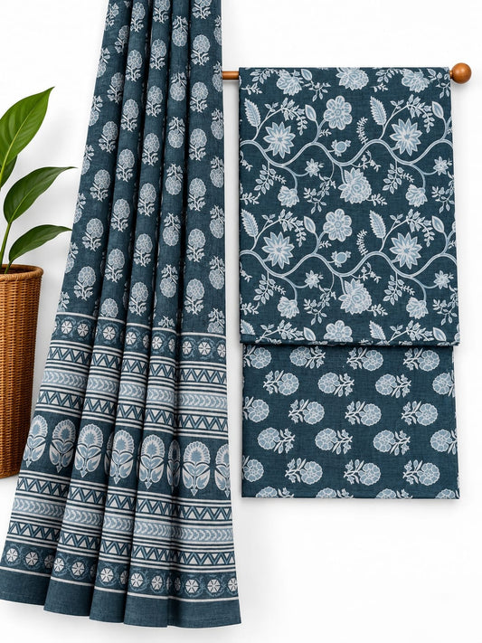 Indigo Blue & White Floral Jaal screen print cotton salwar suit set with cotton dupatta