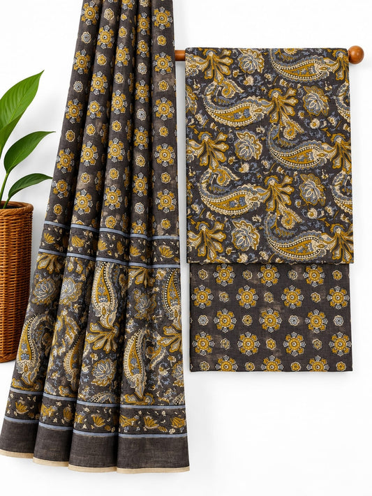 Charcoal Grey And Mustard Yellow Paisley And Floral Booti screen print cotton salwar suit set with cotton dupatta