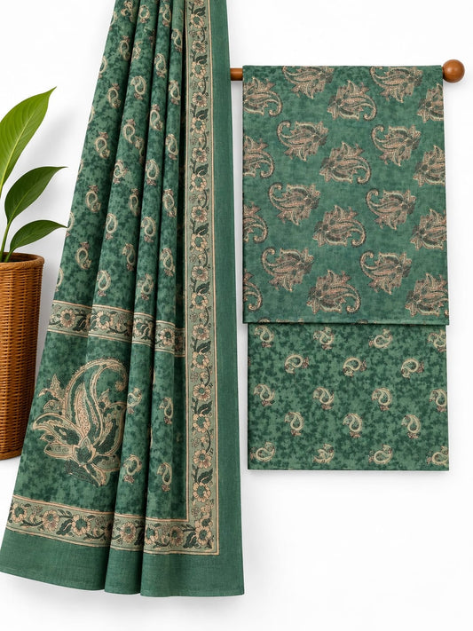 Olive Green Paisley screen print cotton salwar suit set with cotton dupatta