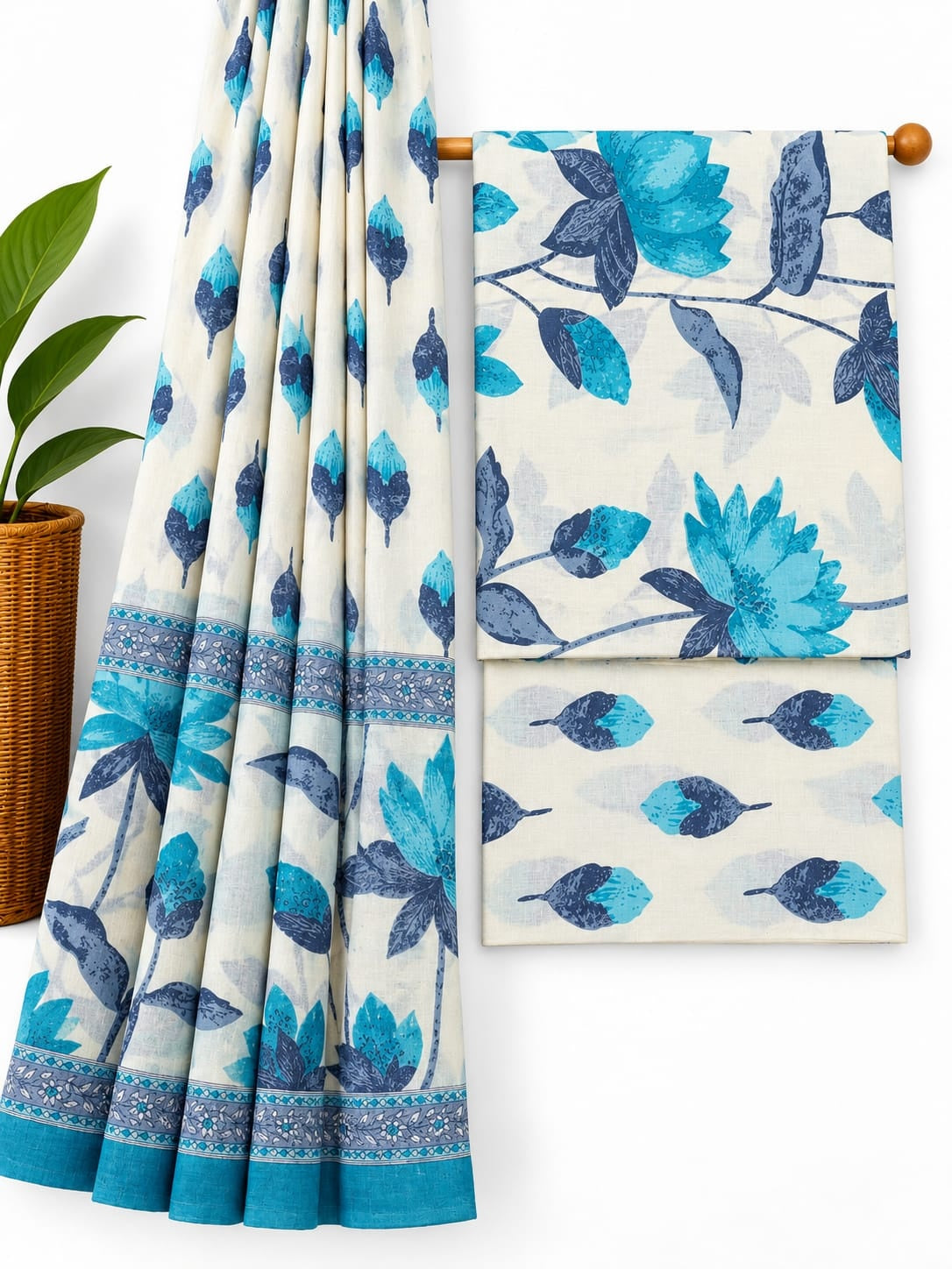 Blue & Off-White Floral Booti screen print cotton salwar suit set with cotton dupatta