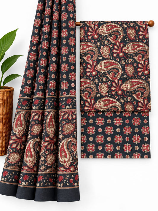 Black, Red & Beige Paisley & Floral Booti screen print cotton salwar suit set with cotton dupatta