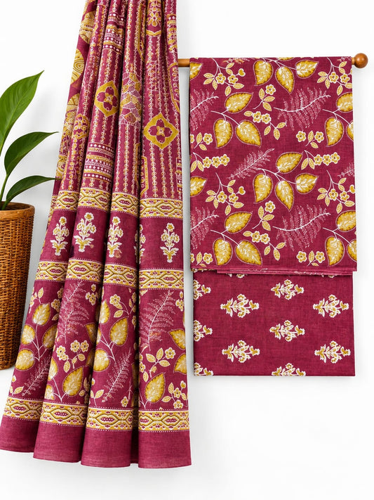 Maroon & Mustard Yellow Leaf Print screen print cotton salwar suit set with cotton dupatta