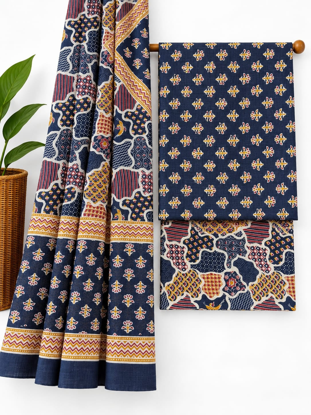 Indigo Blue, Mustard Yellow & Off-White Floral Booti screen print cotton salwar suit set with cotton dupatta