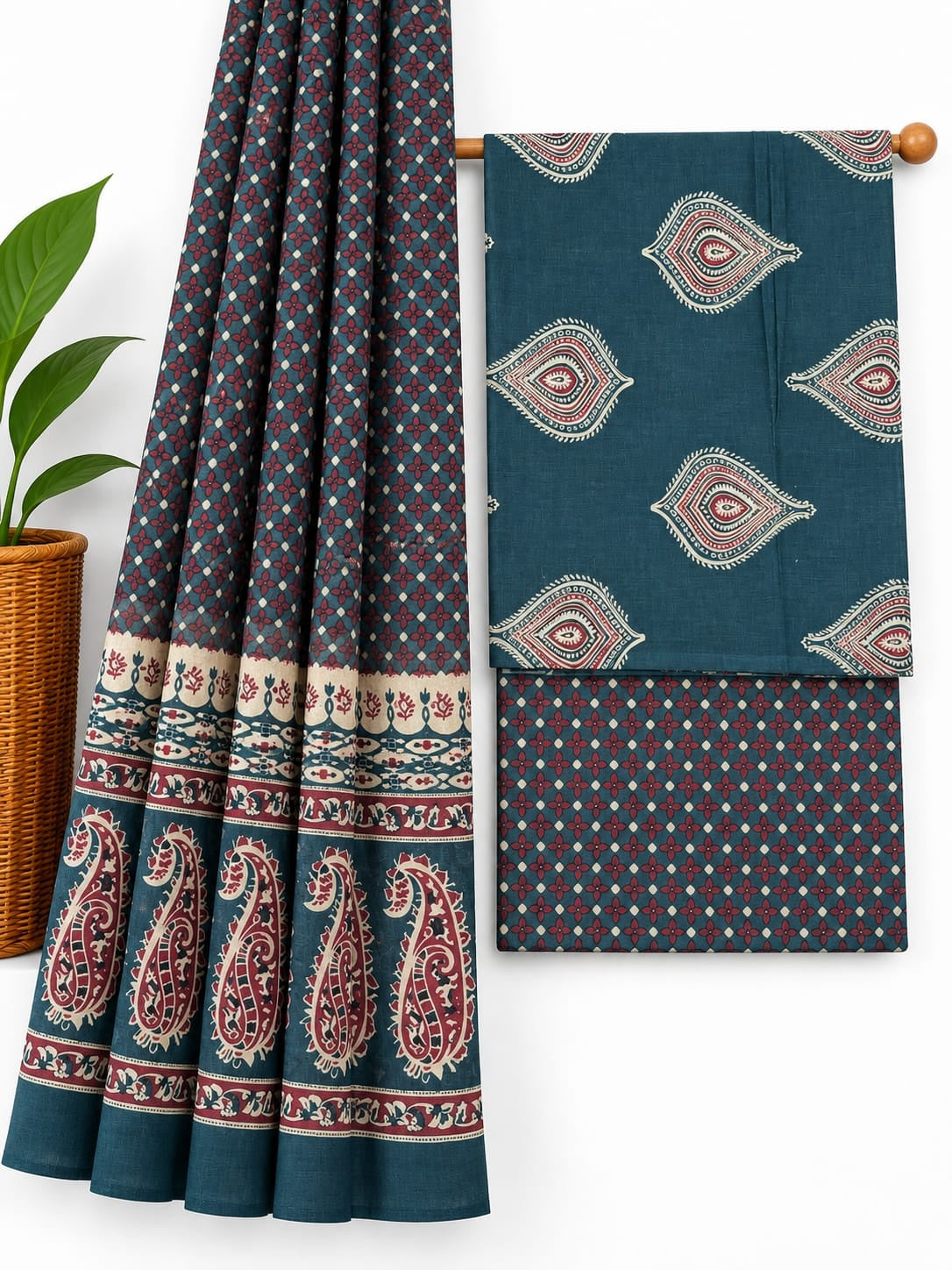 Teal Blue & Maroon Paisley screen print cotton salwar suit set with cotton dupatta