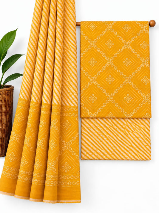 Mustard Yellow & White Traditional Print screen print cotton salwar suit set with cotton dupatta