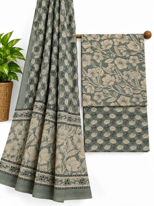 Sage Green & Off-White Floral Jaal screen print cotton salwar suit set with cotton dupatta