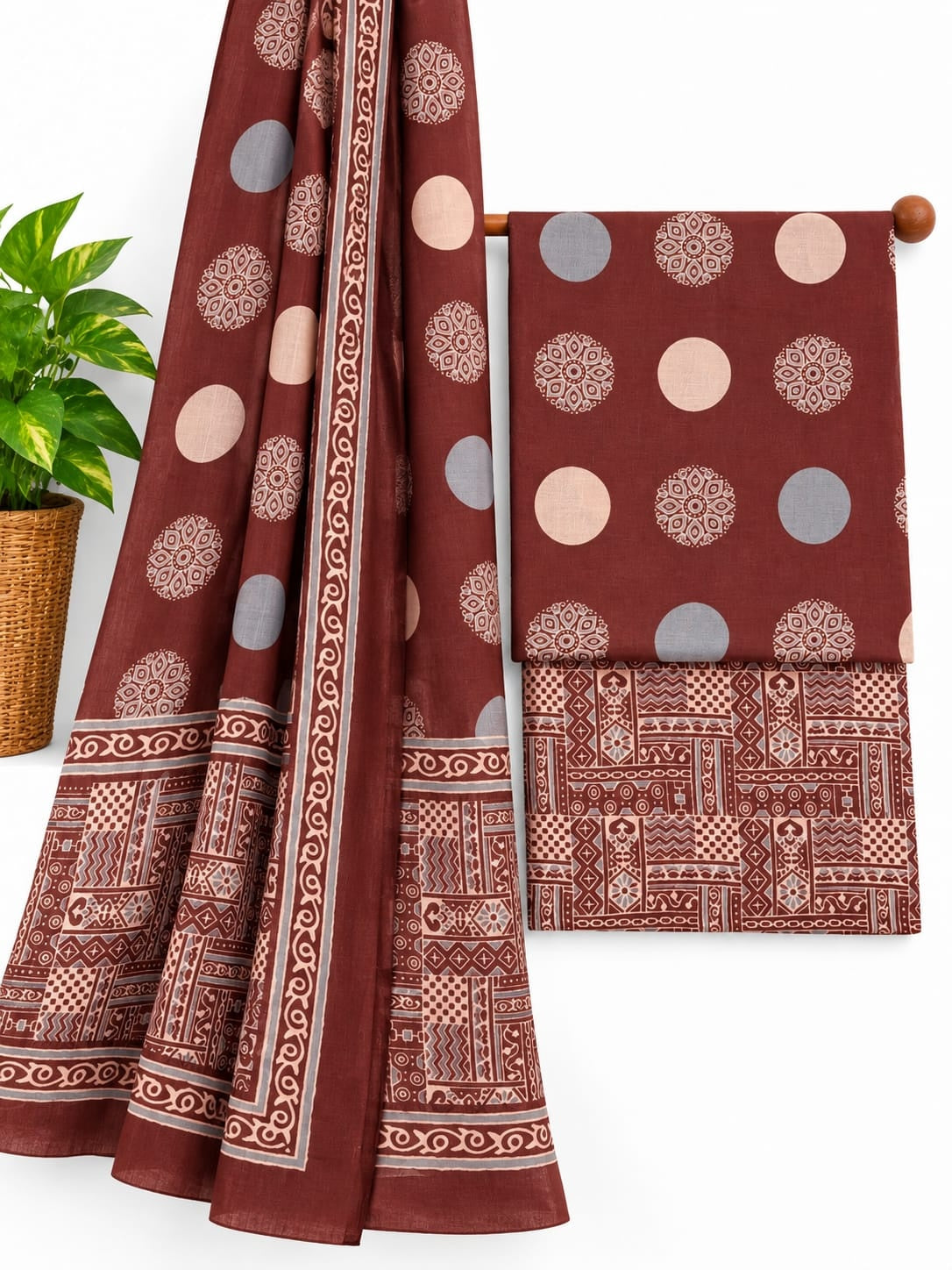 Maroon & Beige Ethnic Motif screen print cotton salwar suit set with cotton dupatta