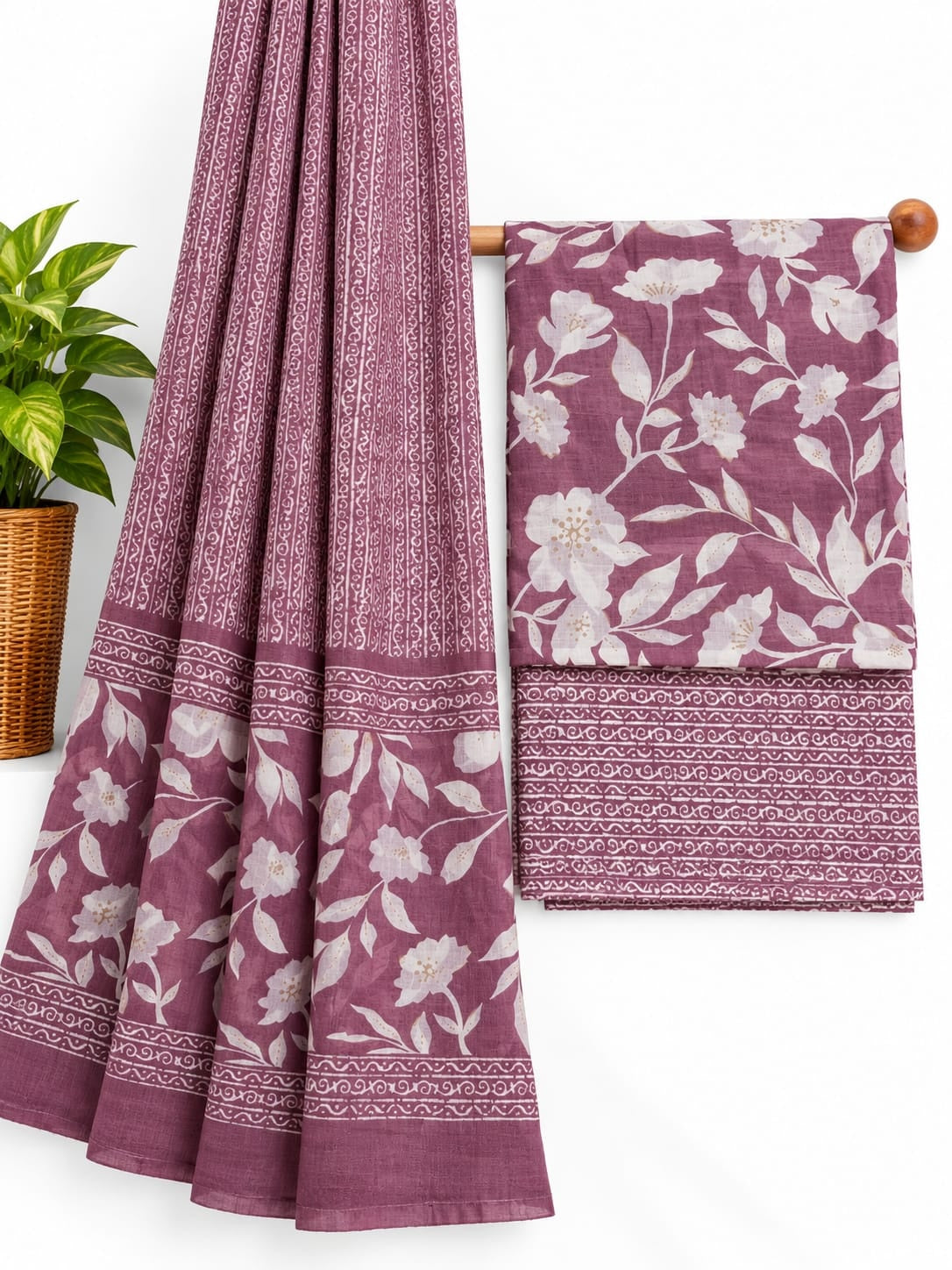 Mauve & White Floral Jaal screen print cotton salwar suit set with cotton dupatta