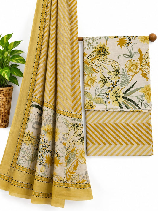 Mustard Yellow & Off-White Floral Jaal screen print cotton salwar suit set with cotton dupatta