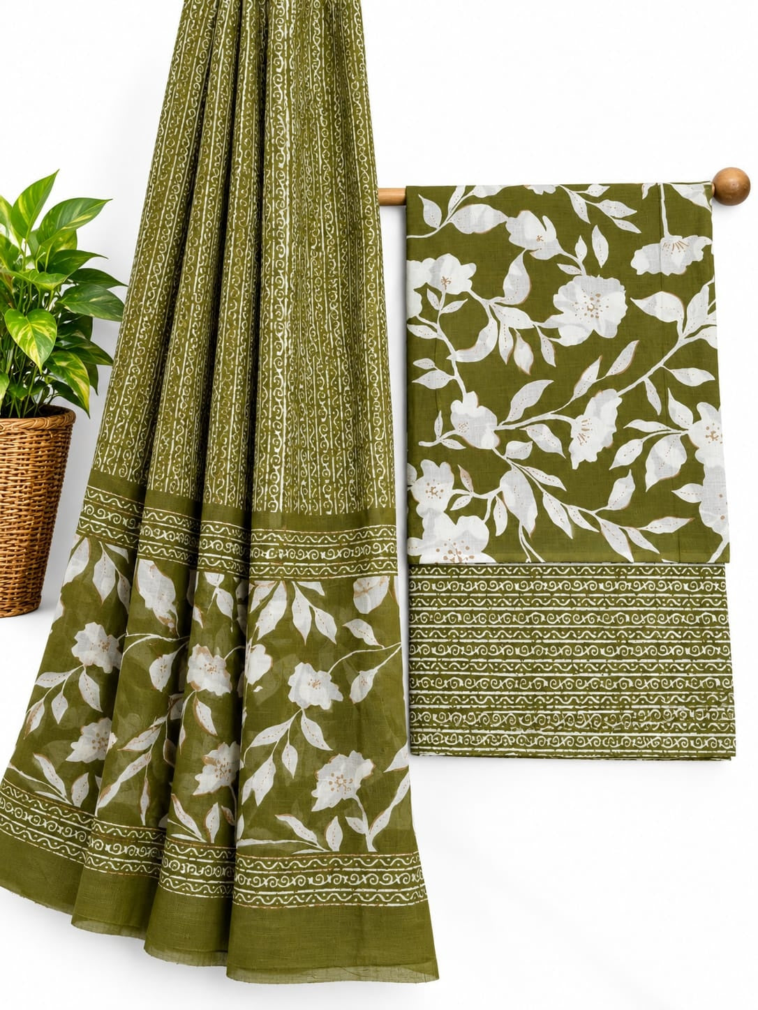 Olive Green Floral Print screen print cotton salwar suit set with cotton dupatta