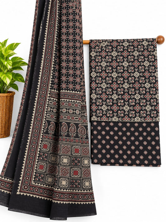 Black And Maroon Ethnic Motif screen print cotton salwar suit set with cotton dupatta