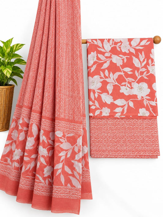 Rust Orange & White Floral Jaal screen print cotton salwar suit set with cotton dupatta