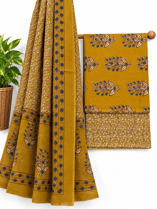 Mustard Yellow & Blue Floral Booti screen print cotton salwar suit set with cotton dupatta