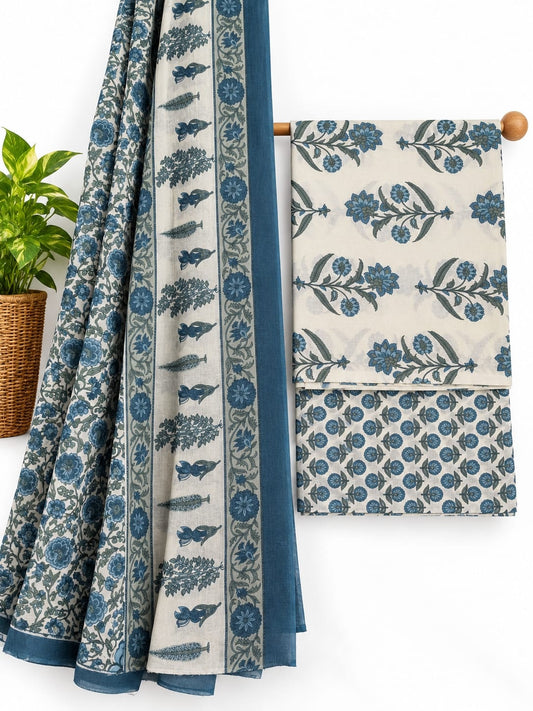 Indigo Blue & Off-White Floral Booti screen print cotton salwar suit set with cotton dupatta