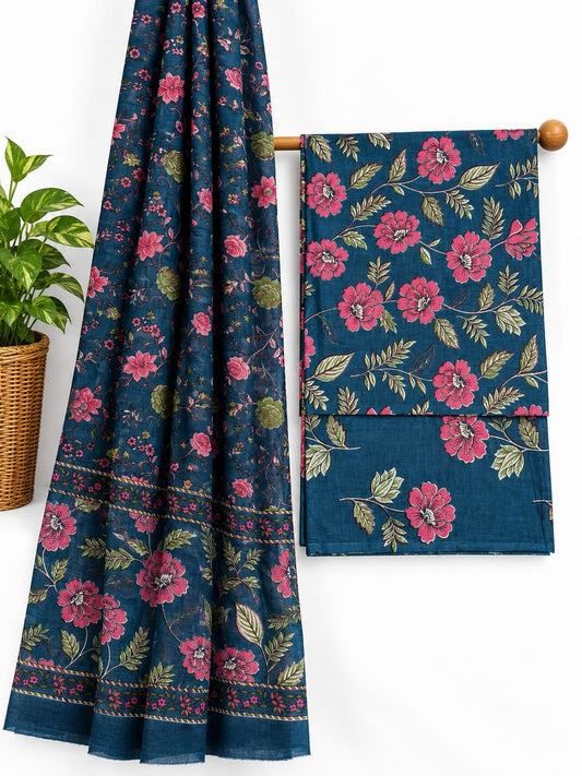 Blue, Pink & Green Floral Jaal screen print cotton salwar suit set with cotton dupatta