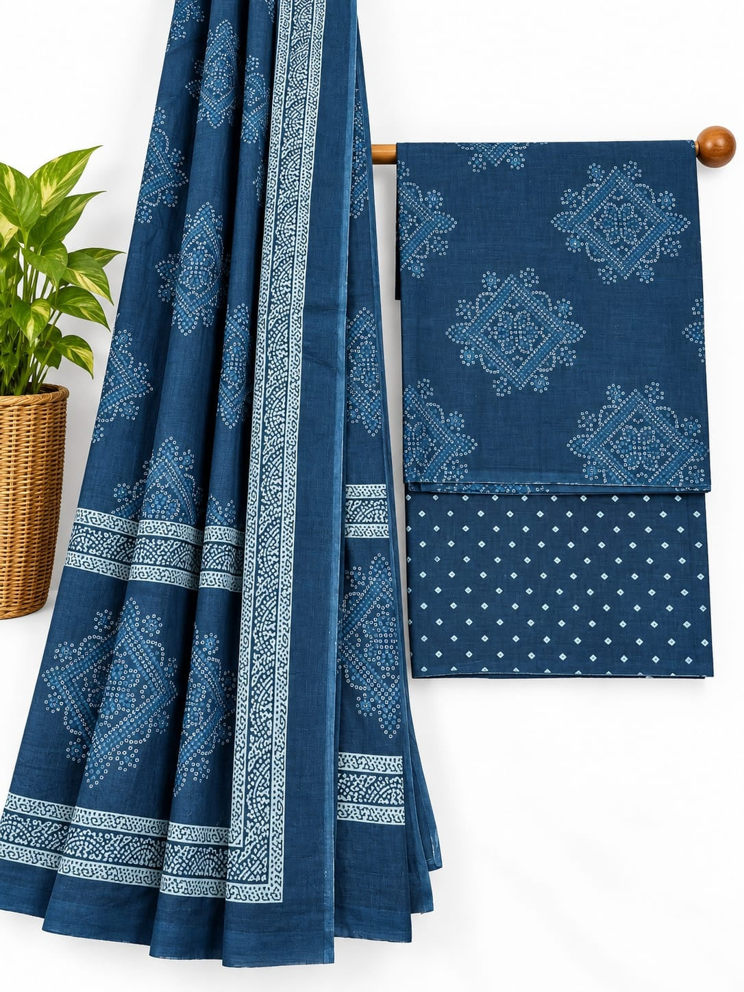 Indigo Blue & White Traditional Print screen print cotton salwar suit set with cotton dupatta