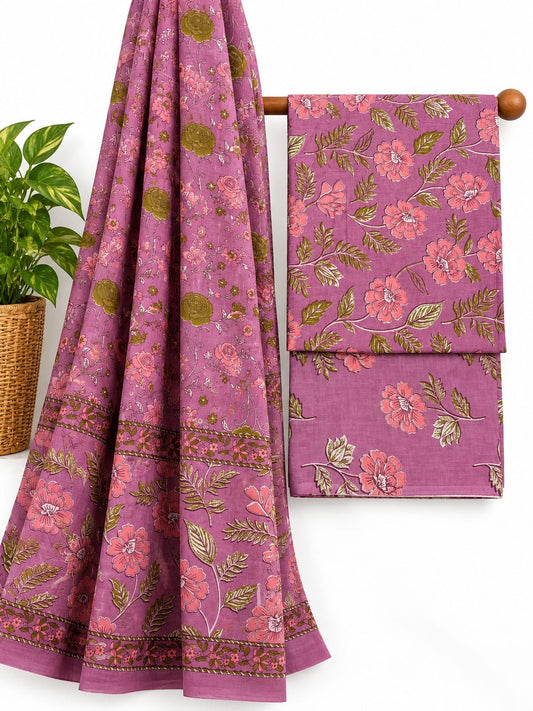 Mauve & Pink Floral Jaal screen print cotton salwar suit set with cotton dupatta