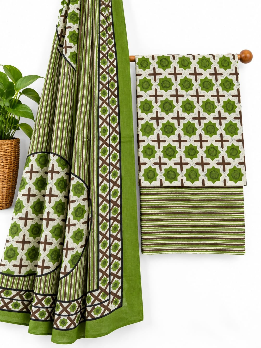 Olive Green & Brown Geometric screen print cotton salwar suit set with cotton dupatta