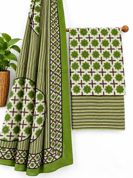Olive Green & Brown Geometric screen print cotton salwar suit set with cotton dupatta