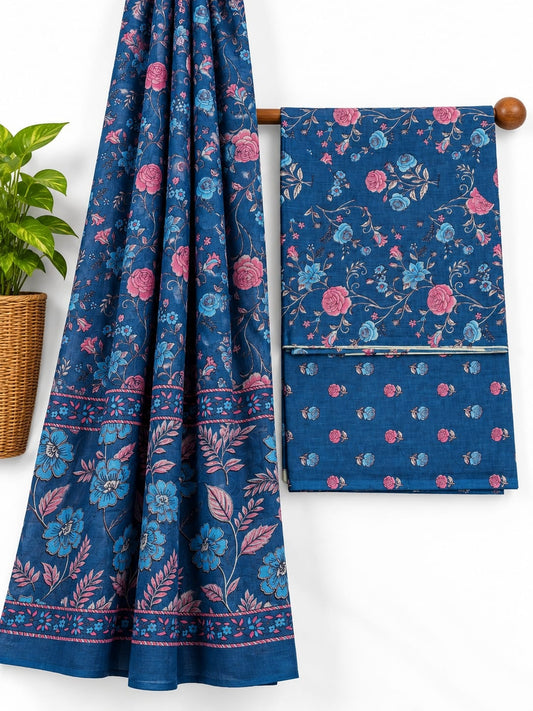 Indigo Blue & Pink Floral Jaal screen print cotton salwar suit set with cotton dupatta