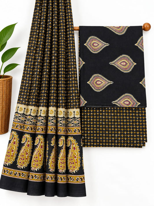Black, Mustard Yellow & Maroon Paisley screen print cotton salwar suit set with cotton dupatta