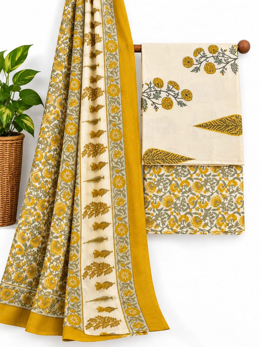 Mustard Yellow & Off-White Floral Booti screen print cotton salwar suit set with cotton dupatta