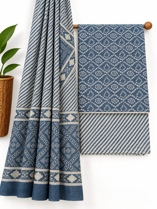 Indigo Blue & White Traditional Print screen print cotton salwar suit set with cotton dupatta