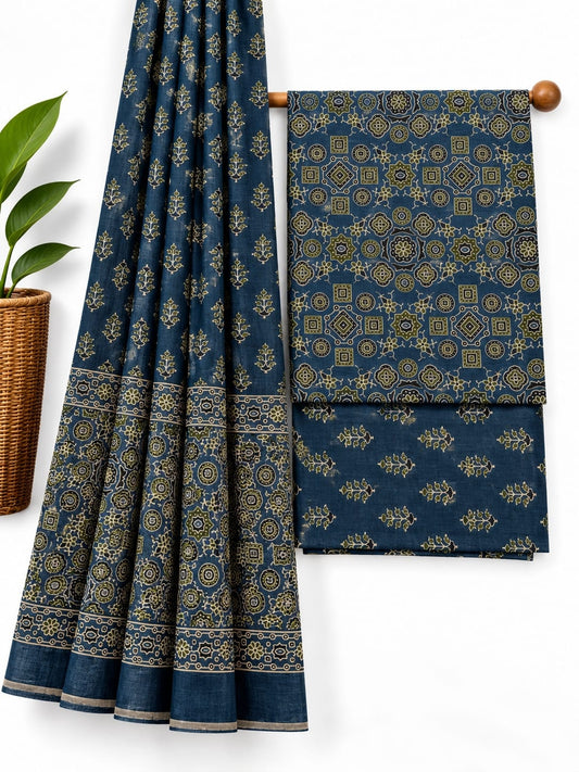 Indigo Blue & Olive Green Geometric screen print cotton salwar suit set with cotton dupatta