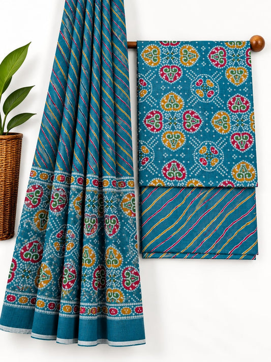 Teal Blue & Multicolored Traditional Print screen print cotton salwar suit set with cotton dupatta
