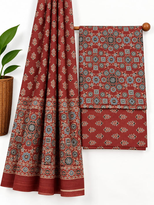 Rust Red & Multi-Color Traditional Print screen print cotton salwar suit set with cotton dupatta